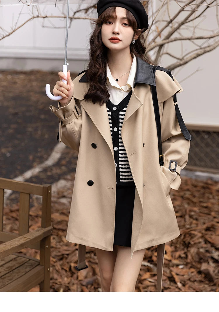 MISHOW Trench Coats for Women Autumn Korean Office Lady Polo Collar Patchwork Long Mid-length Jacket Female Outerwear MXB33W0399