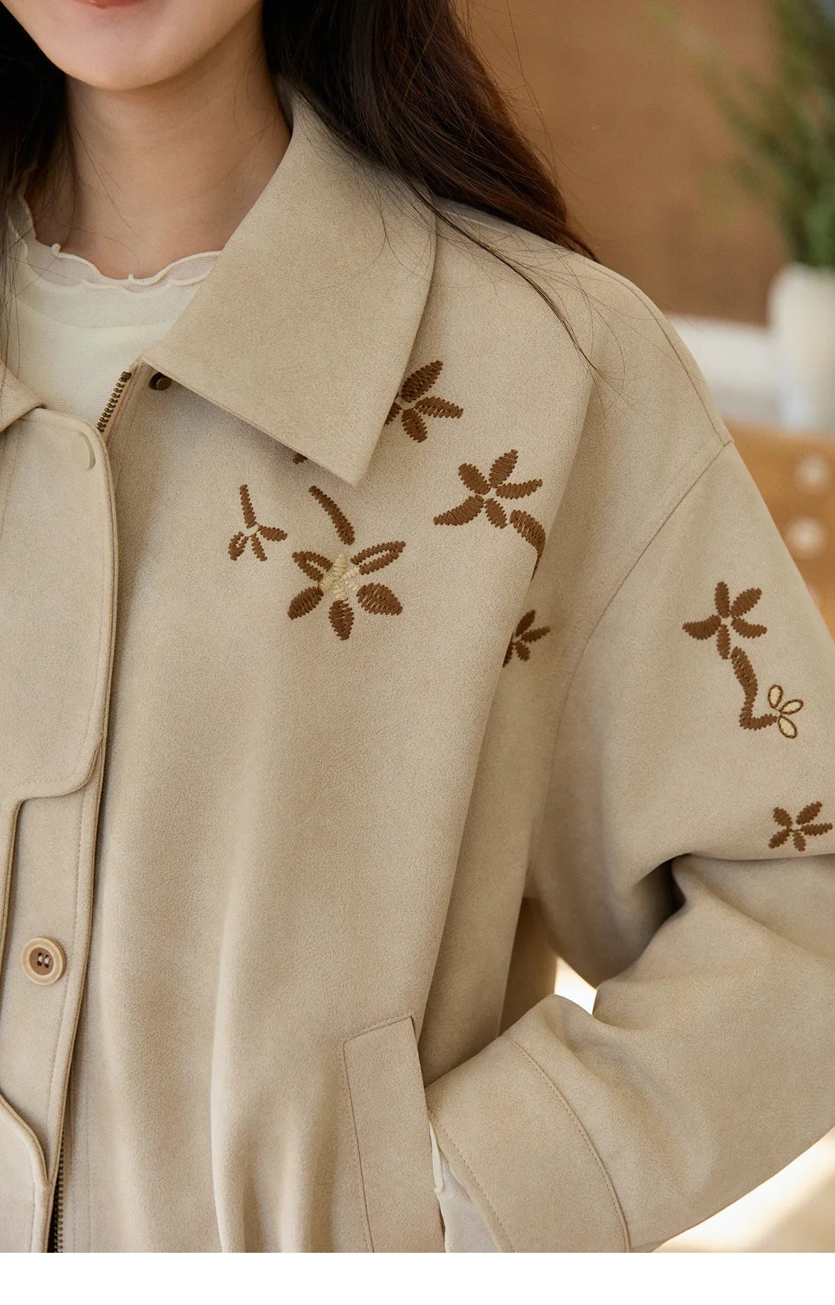 MISHOW Women's Imitation Suede Jacket2026 Spring Floral Embroidery Lapel Zipper Coats Long Sleeve Casual Outerwear MXF11W1027