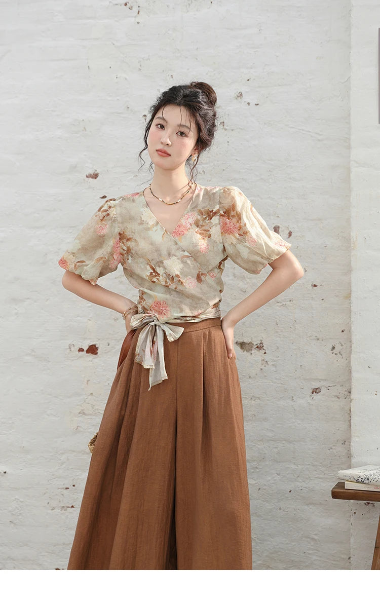 MISHOW French V-neck Floral Tops 2024 Summer Retro Short Sleeved Blouses Female Puff Sleeve Hem Strap One Piece Top MXD28X1619