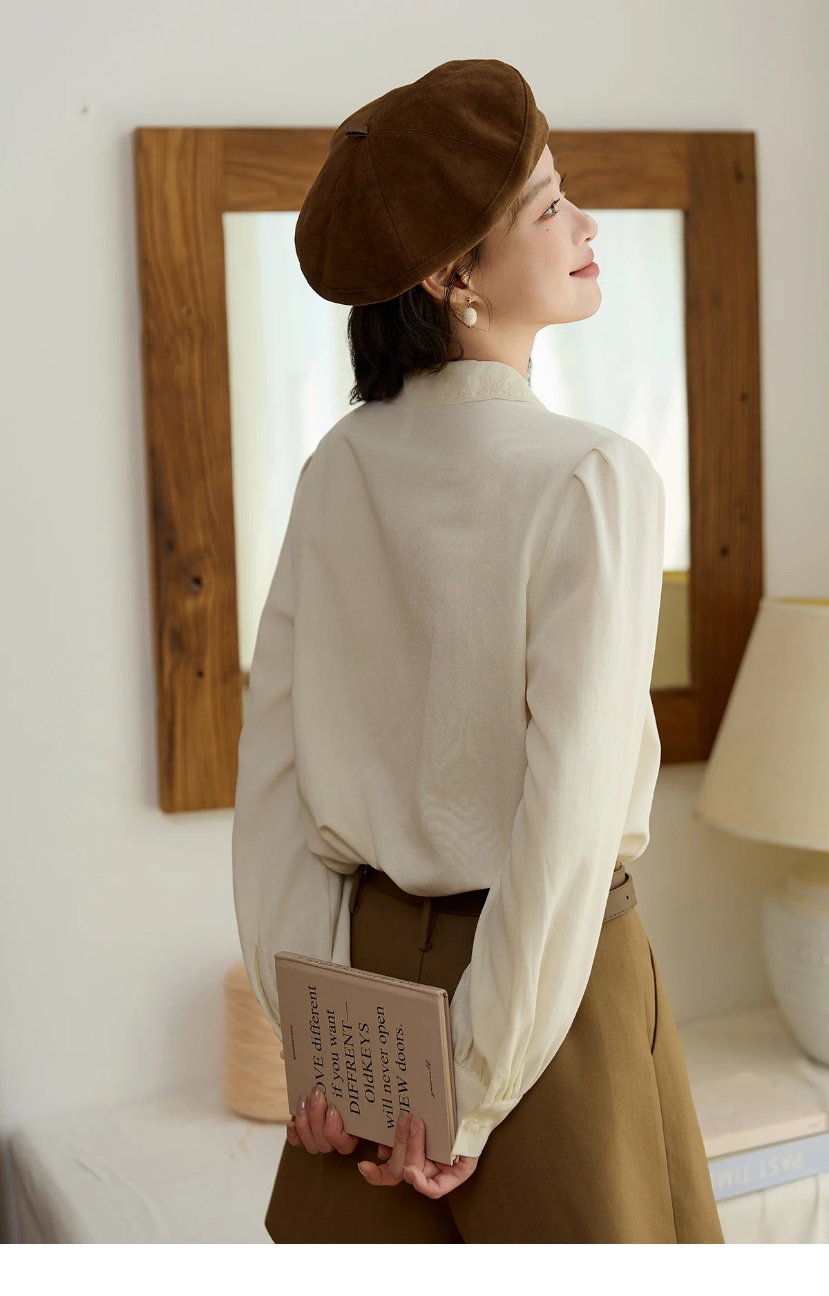 MISHOW Women's Casual Shirts 2025 Autumn Apricot Retro Lace V-neck Top Long Sleeve Lightweight Shirts Women Clothing MXE45X2486