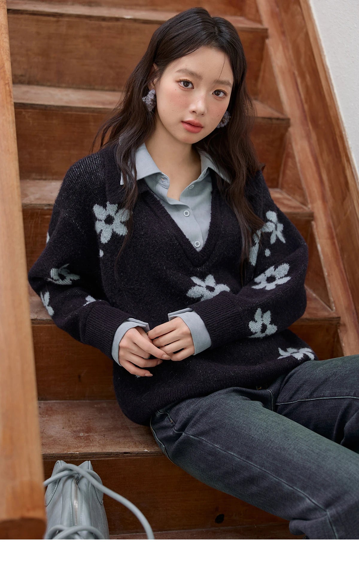 MISHOW Dark Blue Fake Two-piece Pullovers for Women 2025 Autumn Winter New Turn-down Collar Flower Pattern Sweater MXE51Z2554