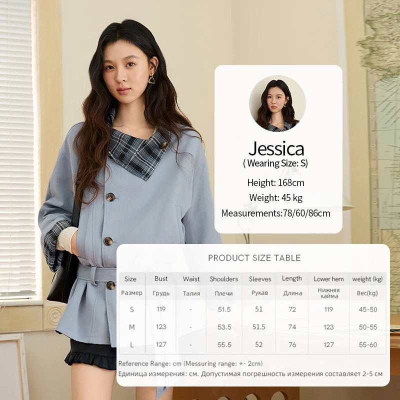 MISHOW Two Sided Outerwear Trench for Women Autumn Winter 2025 Blue Plaid Patchwork Diagonal Placket Belt Trench MXE48W0871