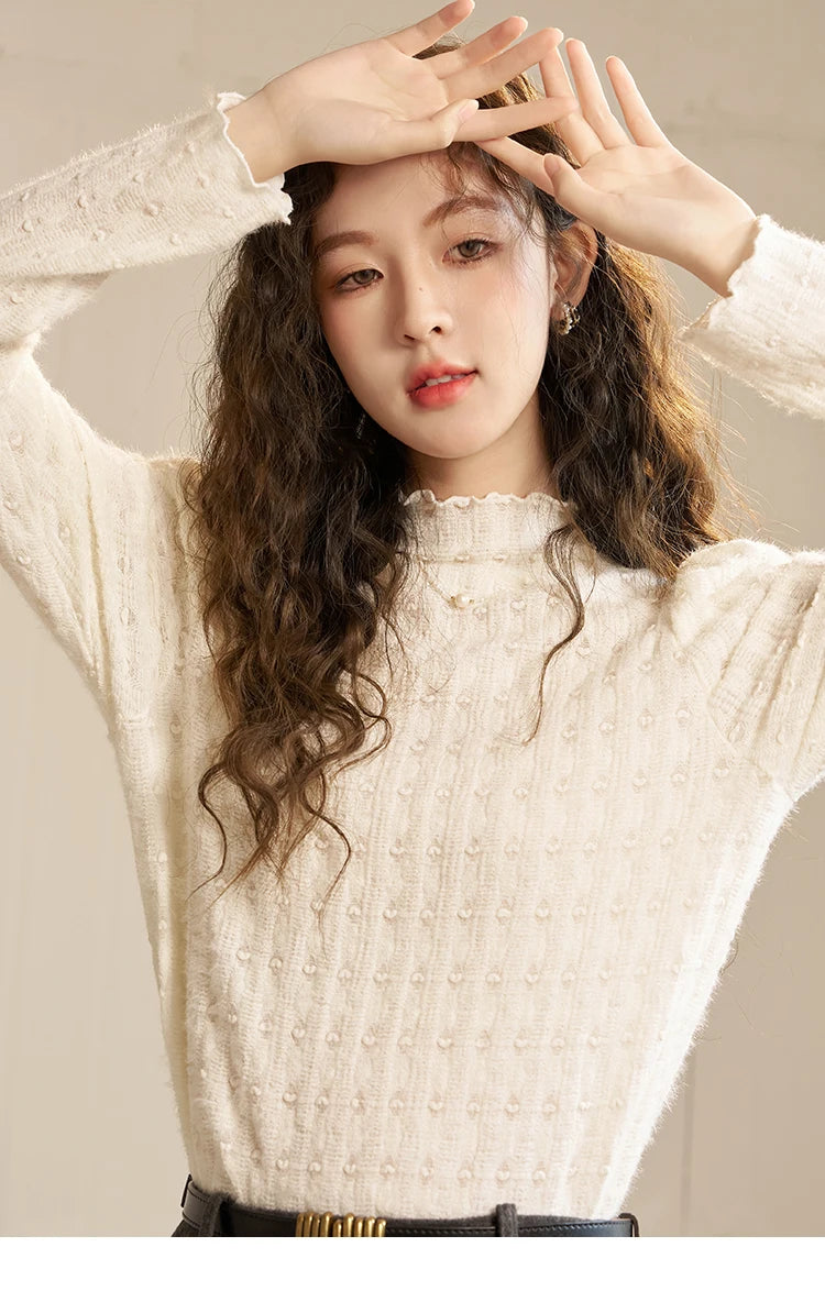 MISHOW Lace Bottoming Shirt Women Autumn Winter Mock Neck Long Sleeve Knitted Pullover French Warm Inner Top Female MXC58Z0481