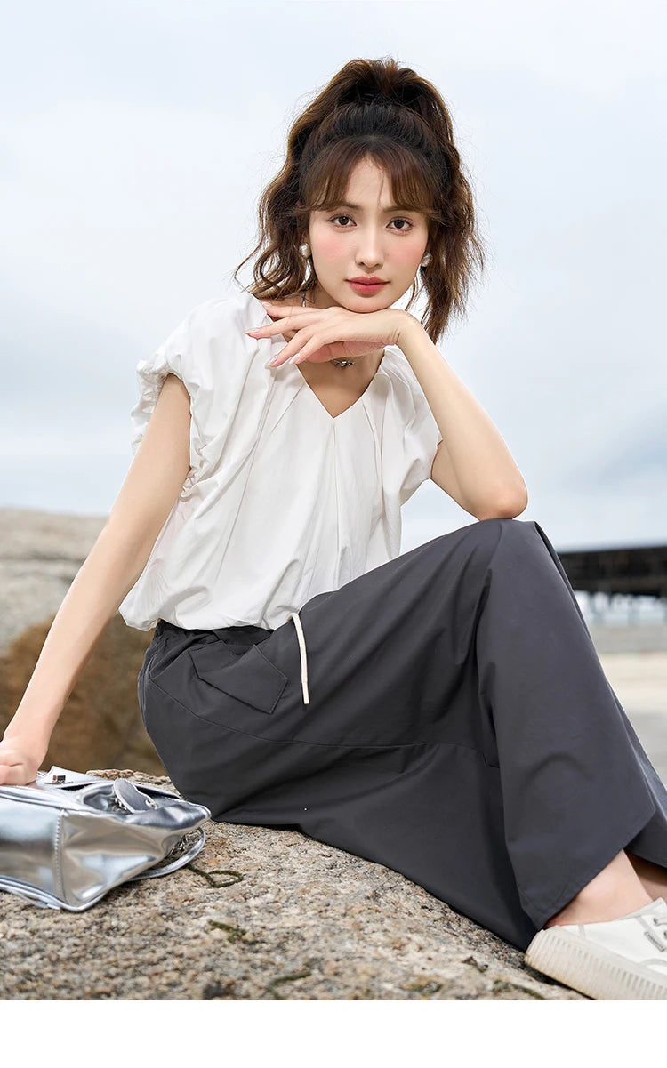 MISHOW Soft Blouses for Women 2025 Summer French Rear Collar Tie Up Solid Short Sleeve Solid V Neck Puff Sleeve Tops MXC38X1275