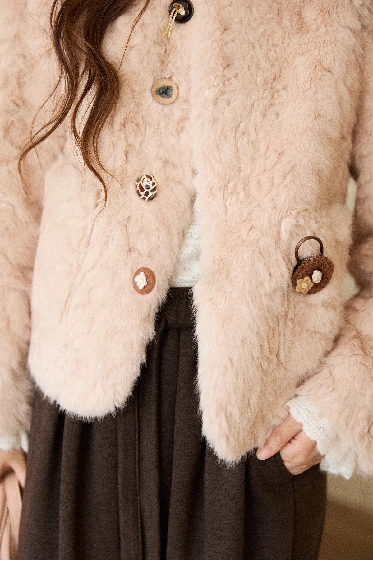 MISHOW Women's Winter Jacket 2025 Sweet Pink Faux Rabbit Fur Coat with Pockets Handcrafted Vintage Buttons Outerwear MXE87W0990