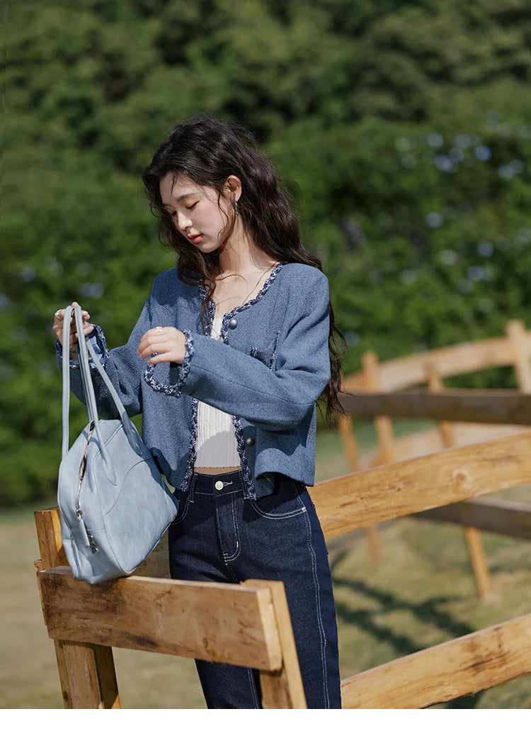 MISHOW Retro Fragrant Style Jacket for Women Spring 2025 Shoulder Pads Coarse Tweed Splicing Ribbon Blue Suit Coats MXE13W0705