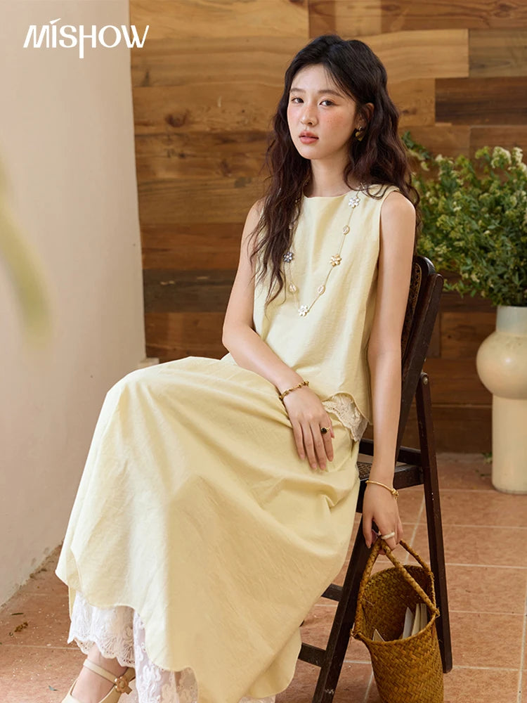 MISHOW Set 2 Piece 2025 Summer Women's O-Neck Lace Patchwork Sleeveless Top Elastic Waist Midi Skirt Elegnat Set MXE36T0641