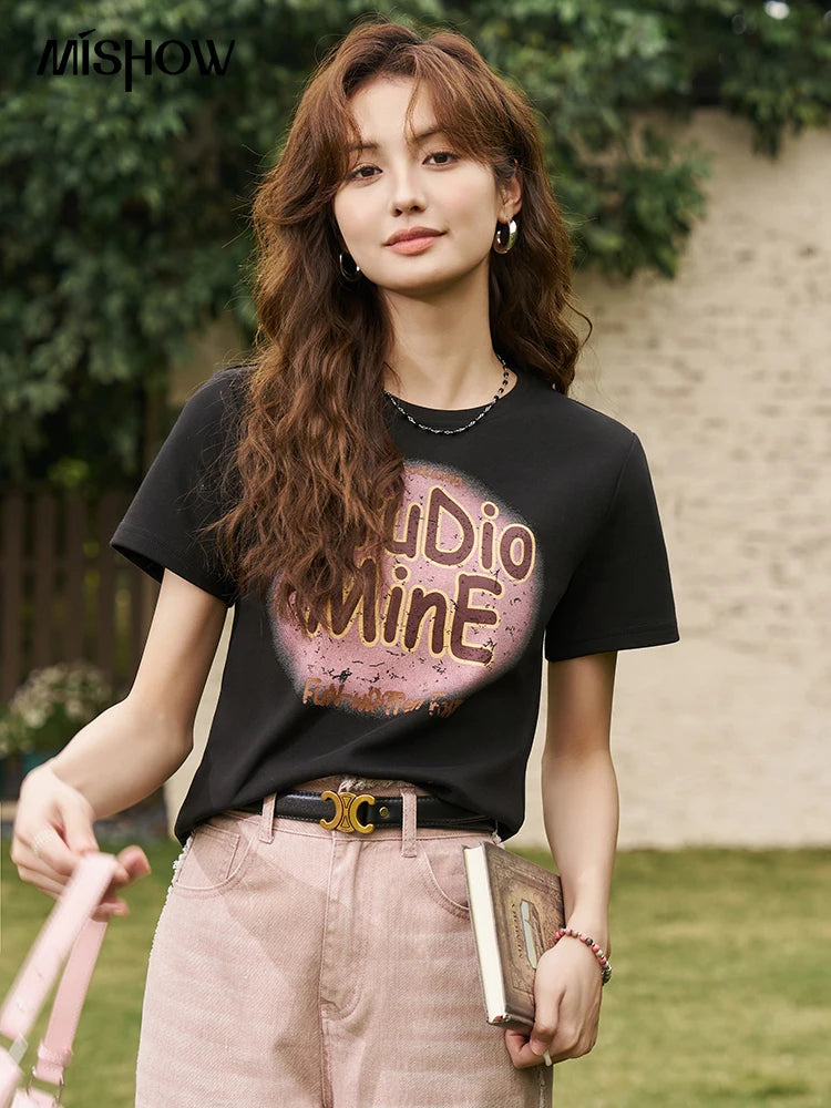MISHOW Letter Print Short Sleeve T-shirt for Women 2024 Spring Summer New Loose Casual Tshirt Woman Crew Neck Tee Top MXD13T0164