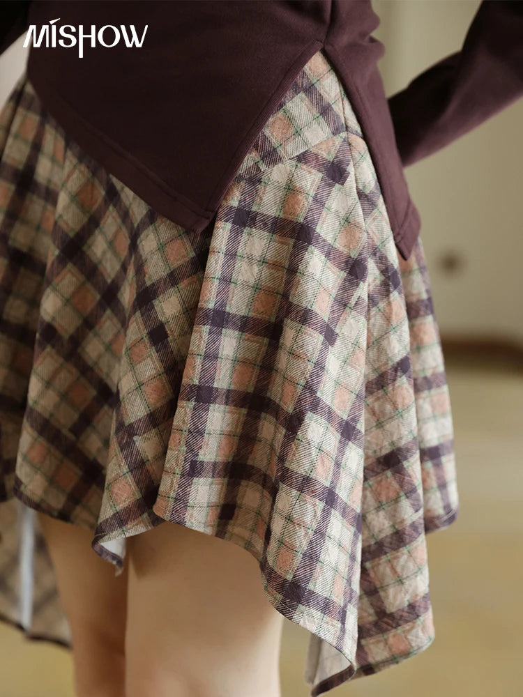 MISHOW Purple Plaid Irregular Skirt for Women Autumn 2025 Linen Blend Invisible Zipper Short Skirt Ruffle Hem Skirts MXE42B2395