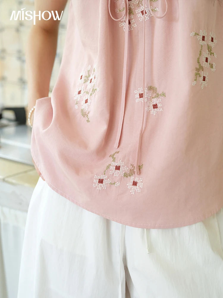 MISHOW Fashion Embroidery Flower Blouses for Woman 2025 Summer O-Neck Lace Up Flying Sleeve Lace Spliced Loose Top MXE39X1880