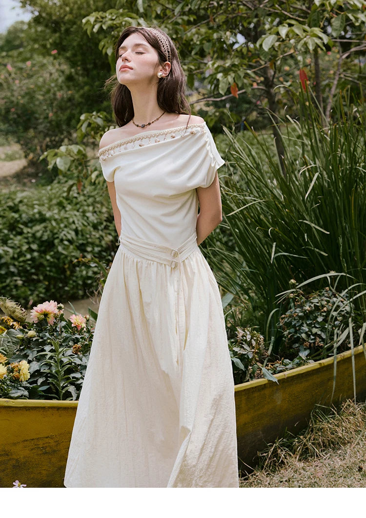 MISHOW Holiday Summer Dresses Women 2025 New Short Sleeve Shell Webbing Oblique Collar Slim Midi Dress Female Fashion MXE31L2189