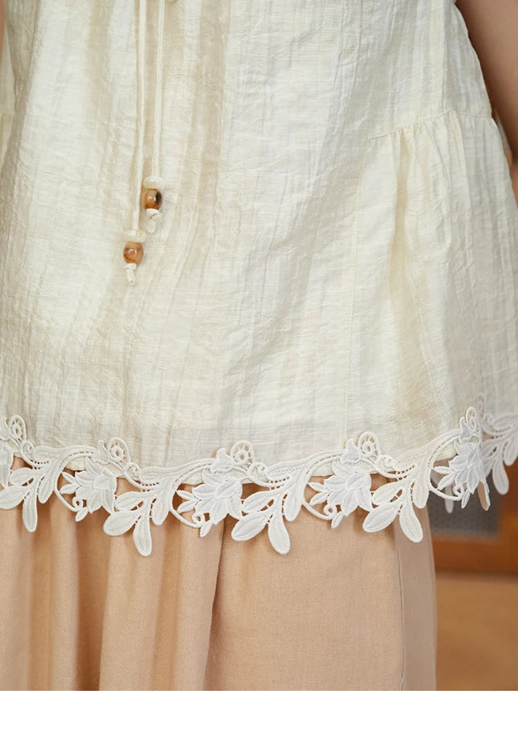 MISHOW Women's French Round Neck Lace Up Blouse 2025 Summer Embroidery Puff Sleeve Flower Spliced Commut Short Top MXE39X1956