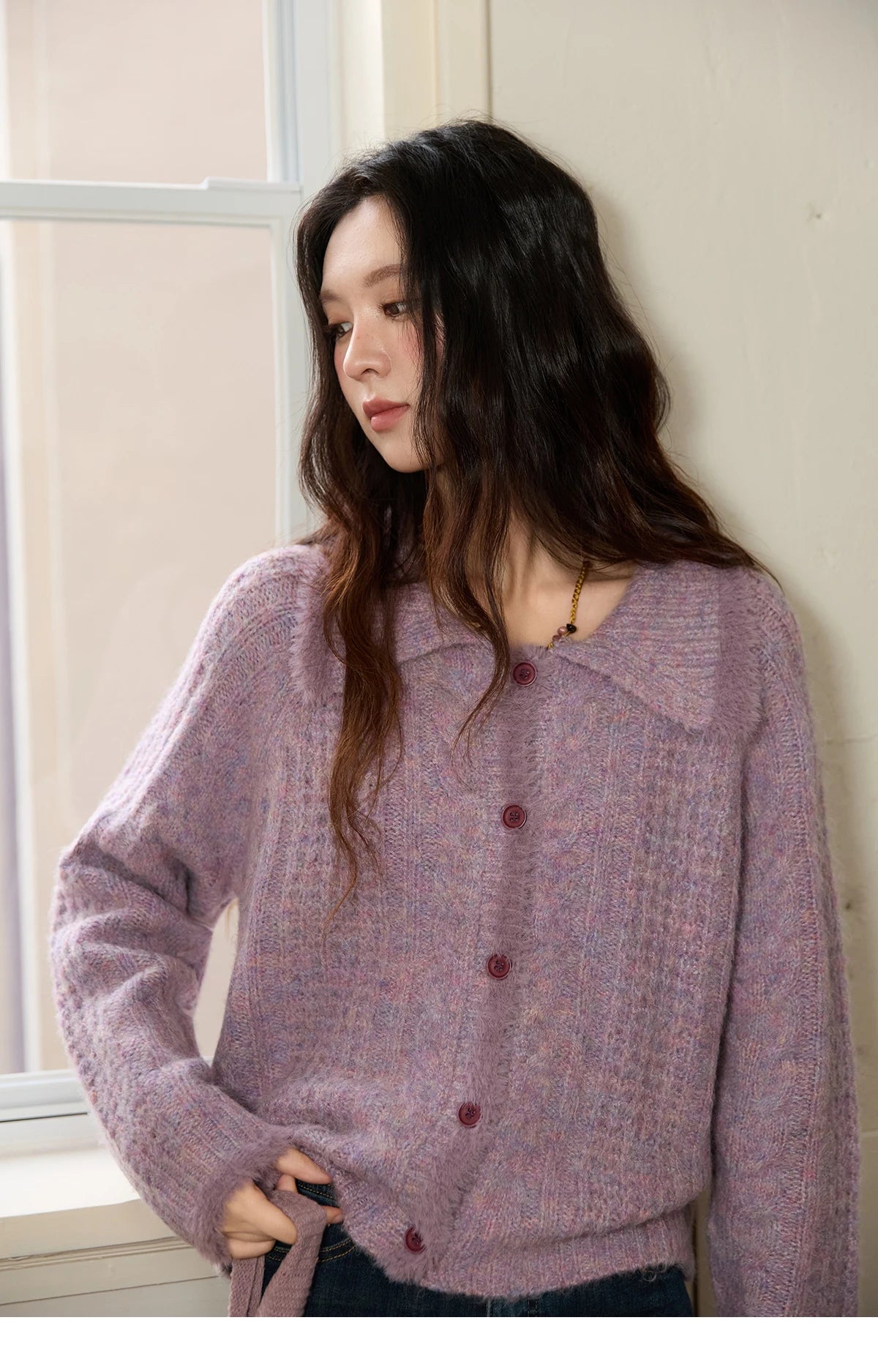 MISHOW Cardigans Ladies 2025 Winter Loose Retro Purple Turn-down Collar Imitation Mink Sweater Commute knit Top MXE88Z2616