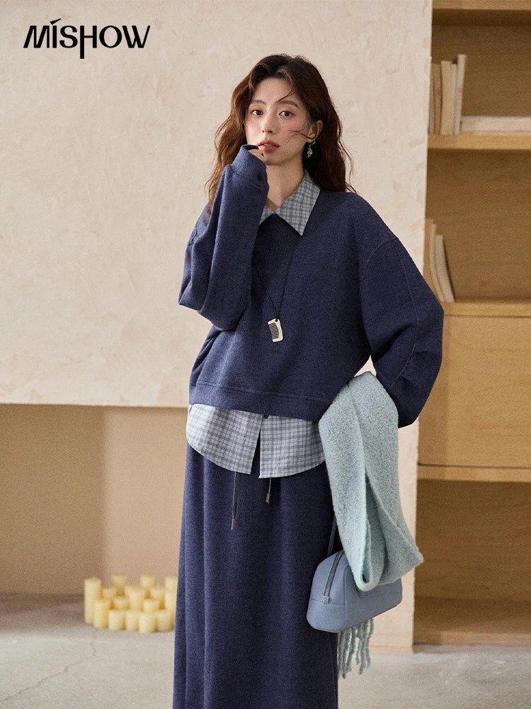 MISHOW Blue Plaid Sweatshirt Suit Women's 2025 Winter Fashion Turn-down Collar Knitted Top Straight Skirt Woman Sets MXE87T1445