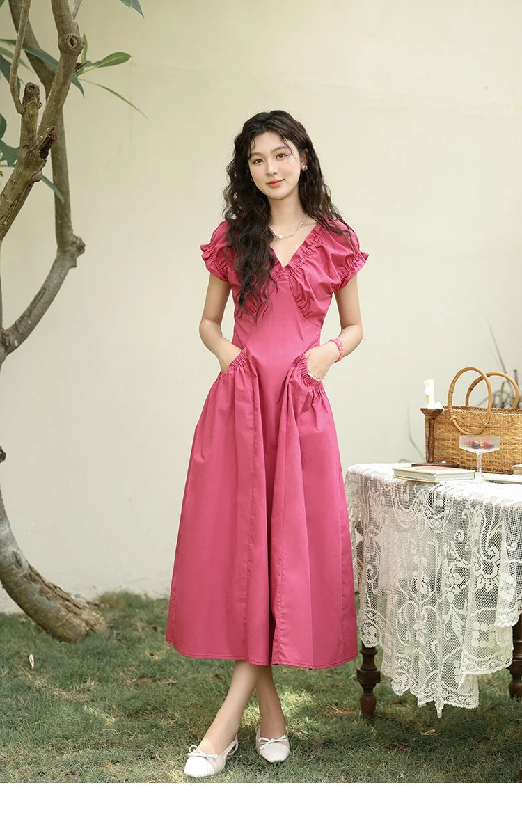 MISHOW Women's 100 Cotton Stringy Selvedge V-Neck Waist Dress 2024 Summer French Symmetric Pocket Mid Length Dresses MXD29L1934