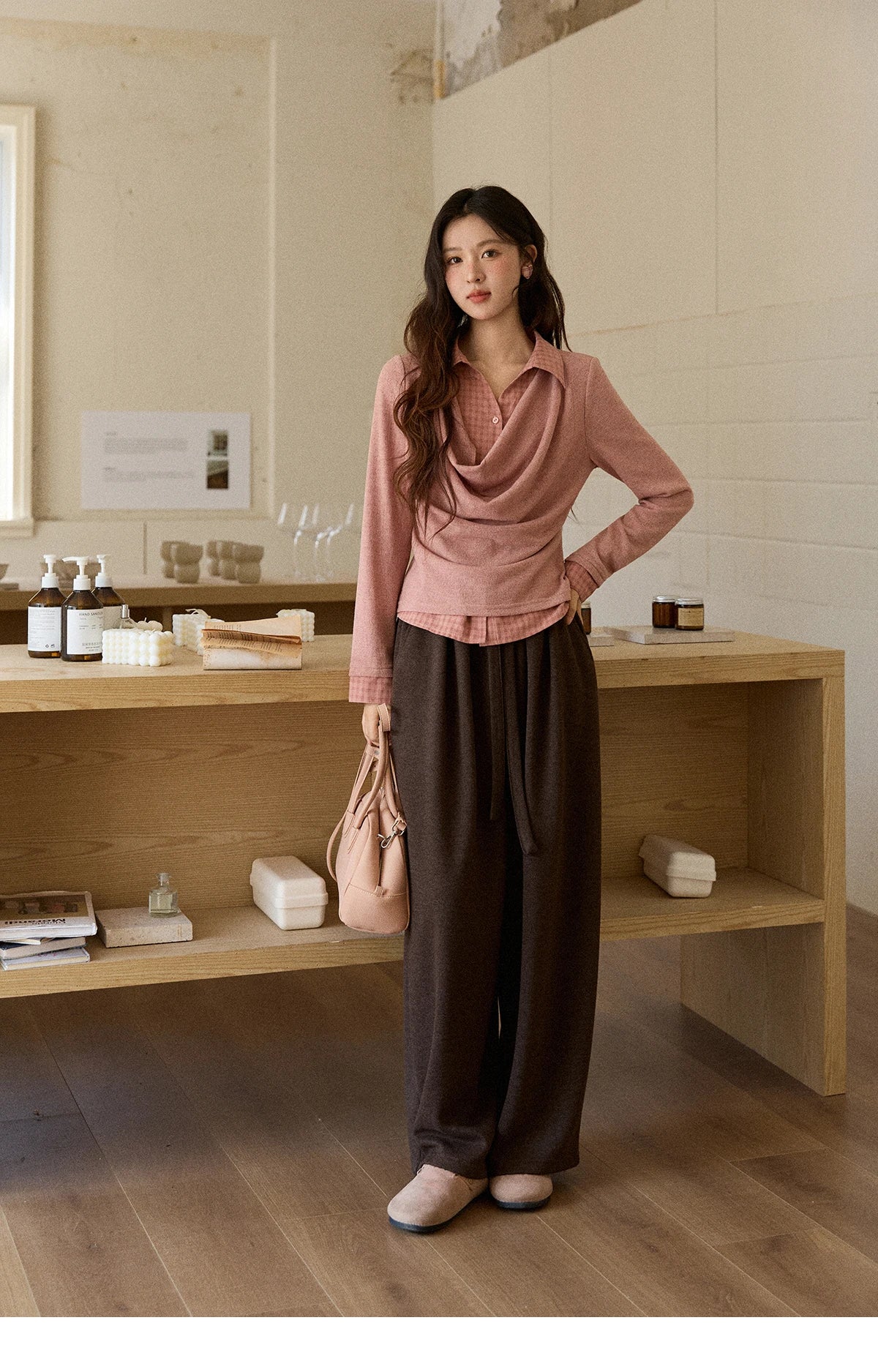 MISHOW Brown Wide-leg Pants for Women2025 Winter Thickened Warm Drawstring Waistband Retro Casual Trousers Woman MXE87K1126