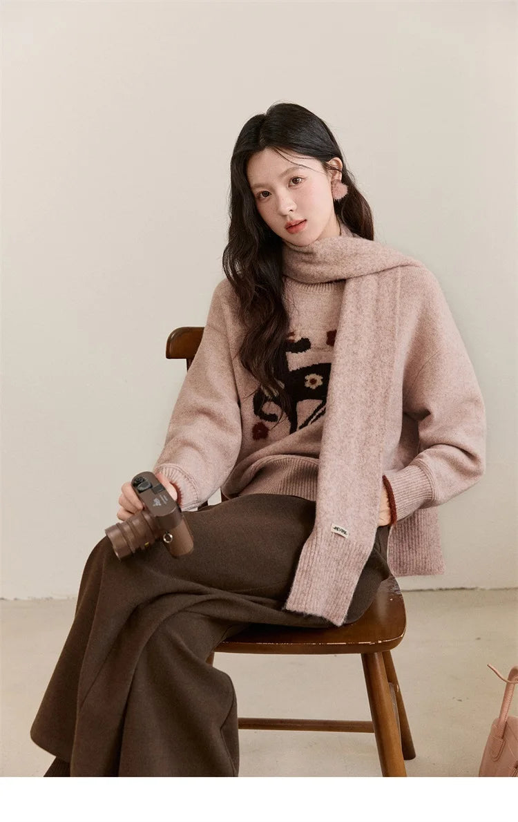 MISHOW Women's Horse Pattern Knit Sweater Winter Crew Neck Sweaters Collar Cuffs Splice Contrasting Faux Mink Fur Top MXE94Z2863