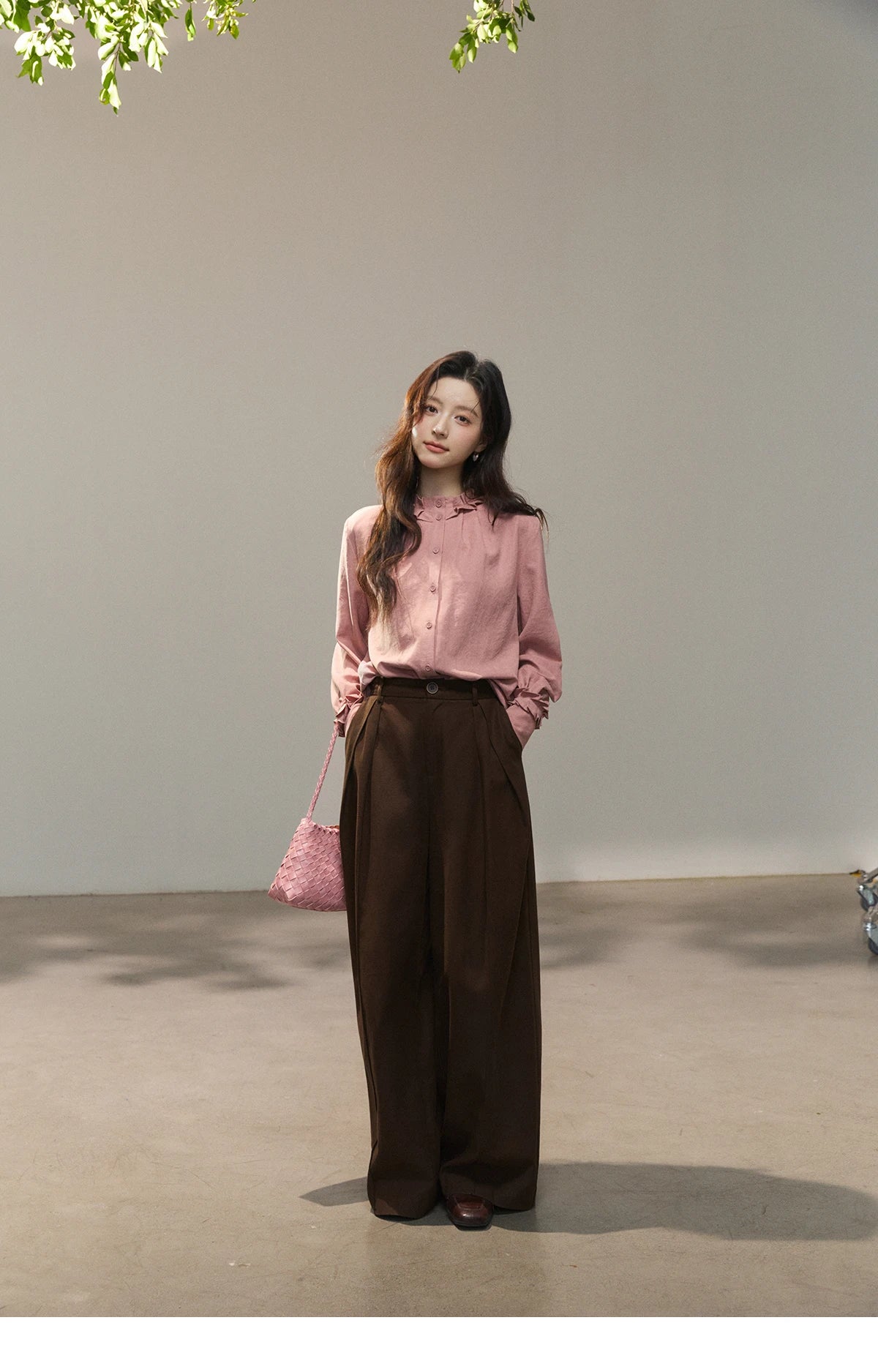 MISHOW Women's Peach Skin Solid Shirt 2026 Spring Ruffled Crew Neck Single-breasted Tops Casual Long Sleeve Shirts MXF11C2431