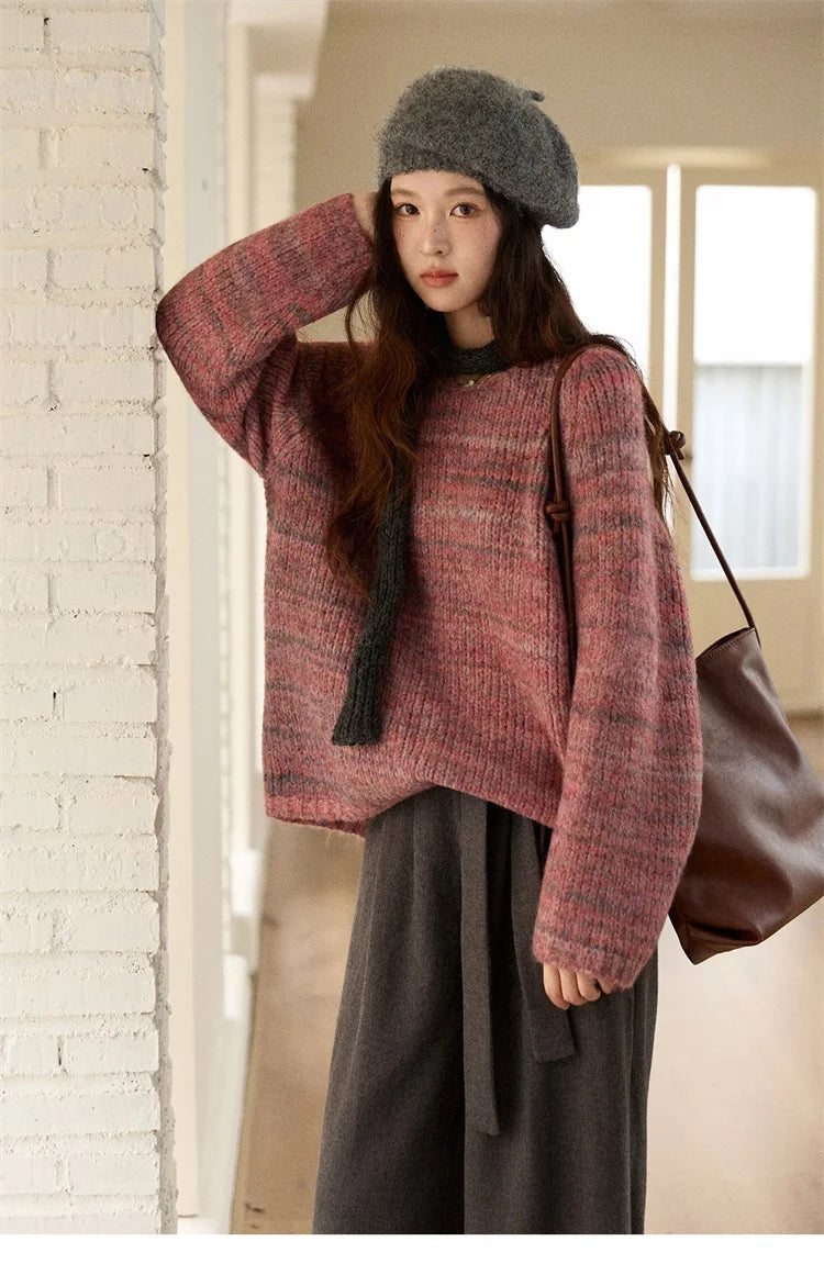 MISHOW Women's Blue Sweater 2025 Winter Fashion Loose Crew Neck Long Sleeve Pullover Pullovers Soft Versatile Top MXE86Z2733