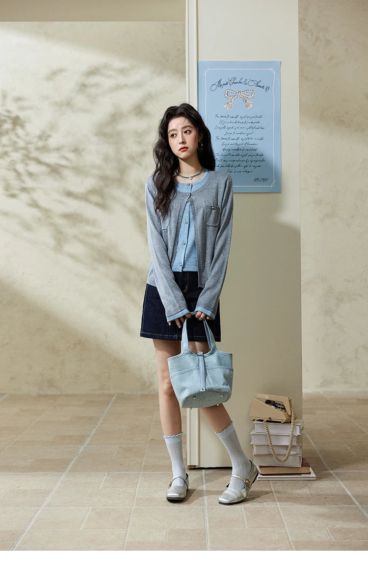 MISHOW Wool Knitted Cardigan Fake Two-piece Contrasting 2025 Spring Women Slim Fit Top O Neck Patch Pocket Sweaters MXE12Z1144