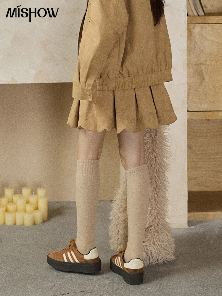 MISHOW Women's Embroidered Sweet Short Skirt 2025 Autumn Winter Pleated Solid Short Skirt High Waist Hem Wavy Skirts MXE87B2451