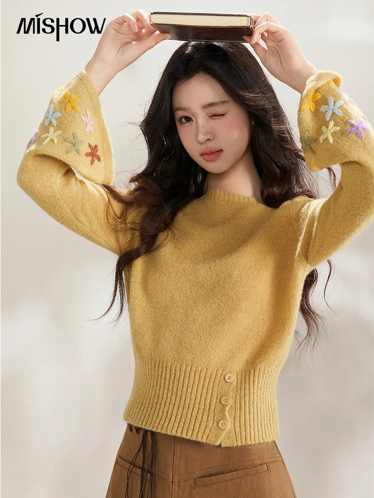 MISHOW Floral Embroidered Boat Neck Flare Sleeve Knit Tops 2026 Spring Side Button Slim Casual Soft Yellow Sweater MXE94Z2864