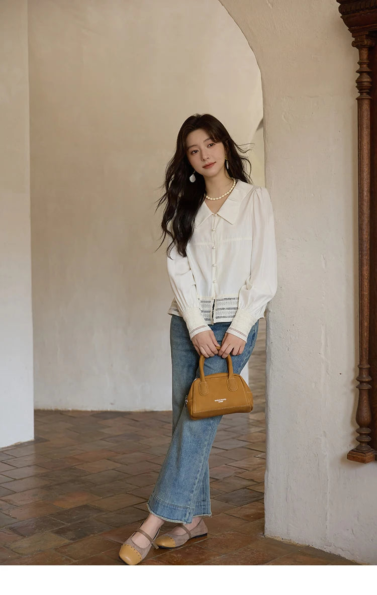 MISHOW Women's French Lace Patchwork Shirt 2025 Autumn Butterfly Collar Lantern Sleeves Apricot Elegant Commuting Top MXE41C2357