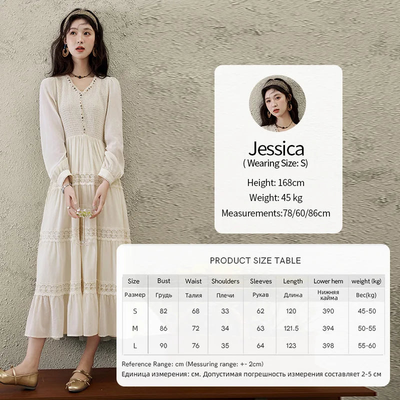 MISHOW Apricot Vacation Dress for Women Spring 100 Cotton Splicing Lace Retro Dress V-neck Waist Slim Long Dresses MXE16L2168