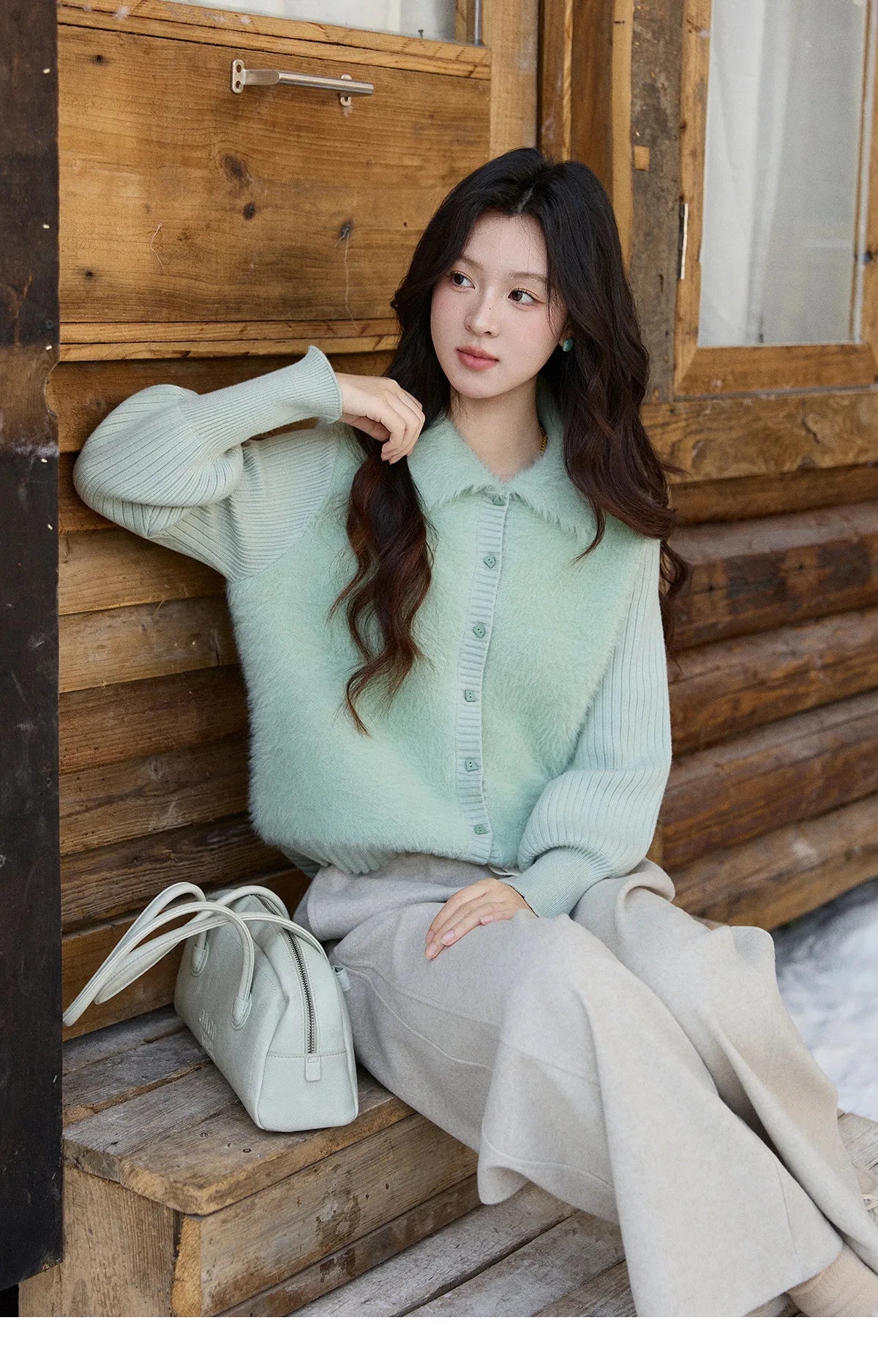 MISHOW Women's Green Faux Mink Fur Patchwork Knitted Cardigan Winter Lapel Warm Soft Knit Top single-breasted sweater MXE86Z2764