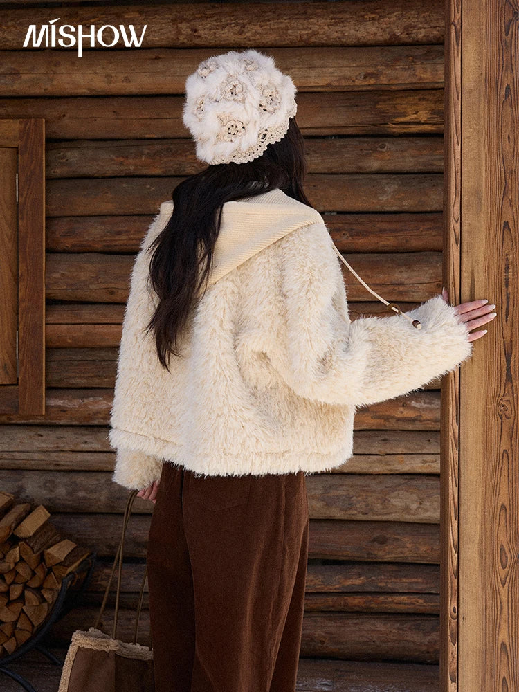 MISHOW Winter Jacket Women 2025 Fashion Beige Knitted Hooded Plush Coat Casual Commute Warm Windproof Short Coat MXE86W0908