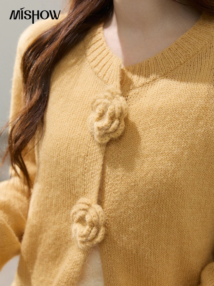 MISHOW Women's Flower Decor Mohair Fork Knit Cardigan 2026 Spring Crew Neck Long Sleeve Tops Casual Solid Sweater MXF15Z3051