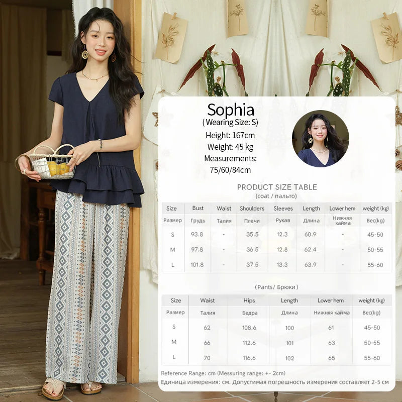 MISHOW Women's Two Piece Set 2025 Summer Spliced Lotus Leaf Edge V-neck Blouse Fashion Geometric Wide Leg Pants Set MXE39T0670