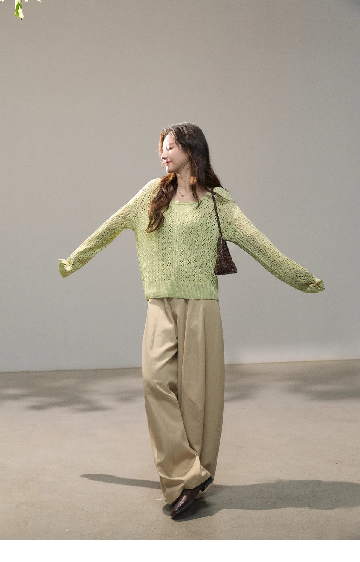 MISHOW Women's Hollow Out Cable Knit Tops with Camisole Two Piece Set Spring Loose Casual Breathable Green Sweater MXF16T1524