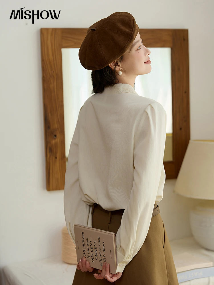 MISHOW Women's Casual Shirts 2025 Autumn Apricot Retro Lace V-neck Top Long Sleeve Lightweight Shirts Women Clothing MXE45X2486