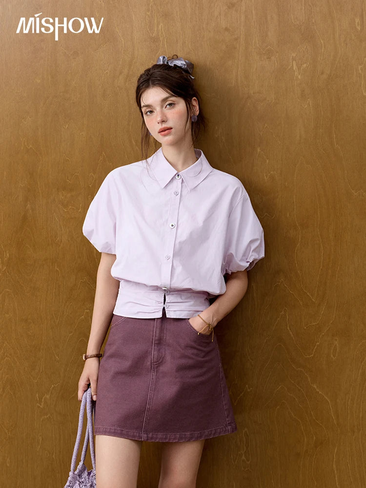 MISHWO Office Lady Solid Blouses Women Summer New 2025 Short Sleeve Turn-down Collar Purple Cotton Shirts Female Thin MXE32X1794