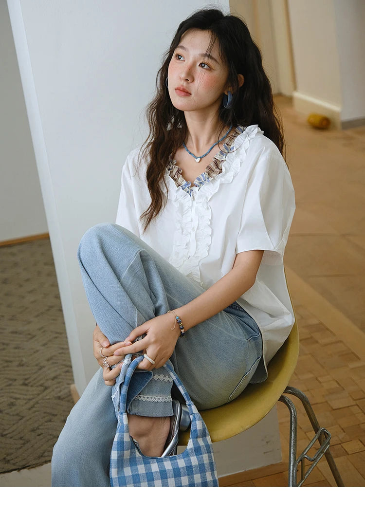 MISHOW Fashion V-neck Shirt for Women Summer 2025 Thin Short Sleeve Patchwork Double Layer Fungus Edge Button Top MXE35X1793