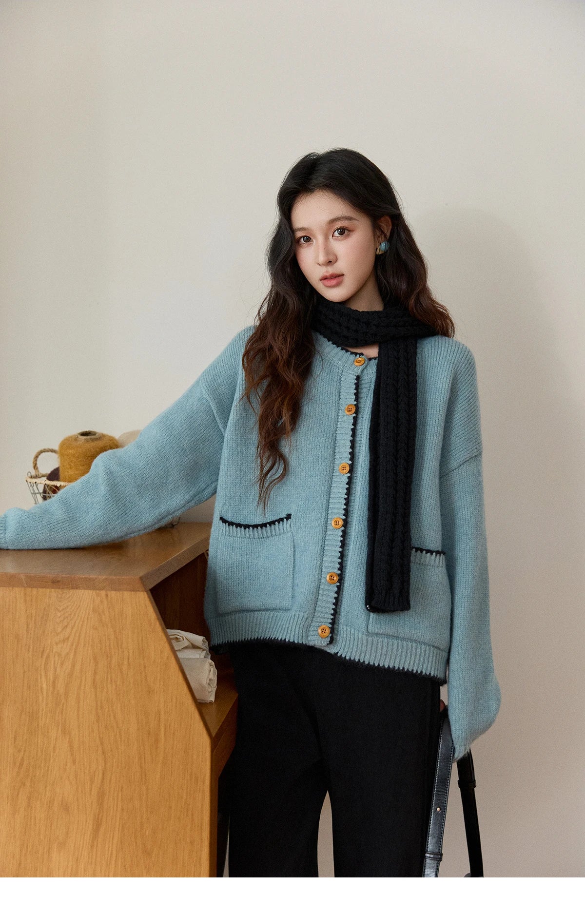 MISHOW Women's Yellow Knitted Cardigan 2025 Autumn Winter Color Collision Edge Sweater Pockets Loose Warm Casual Tops MXE94Z2973