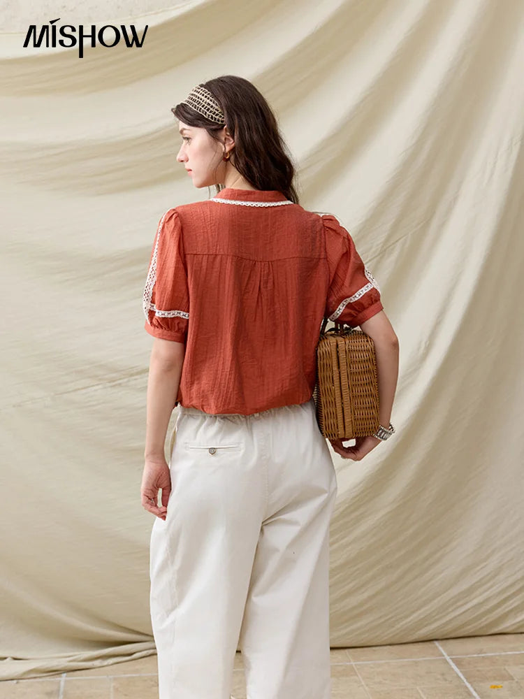 MISHOW French New Blouses Women Summer New 2025 Short Sleeve V-neck Color Matching Shirts Female Fashion Lazy Style MXE31X1766