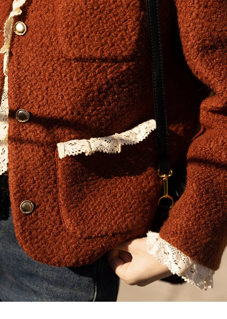 MISHOW Wool Coat for Women Winter Korean Retro Lace Splicing Lamb Wool Button Pockets Thickened Warm Female Coat MXB43W0720
