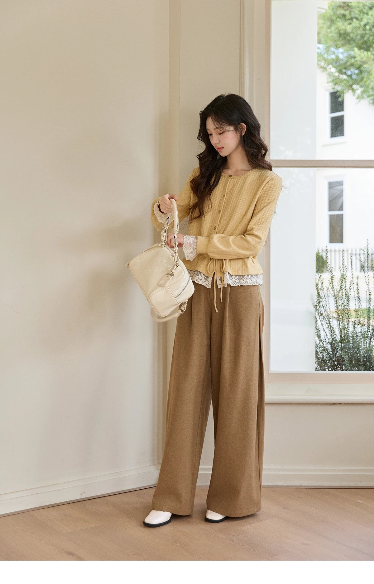 MISHOW Women's Yellow Ribbed Cardigan Spring Lace Trim Drawstring Waist Thin Knitted Sweater Long Sleeve Casual Top MXF11Z2919