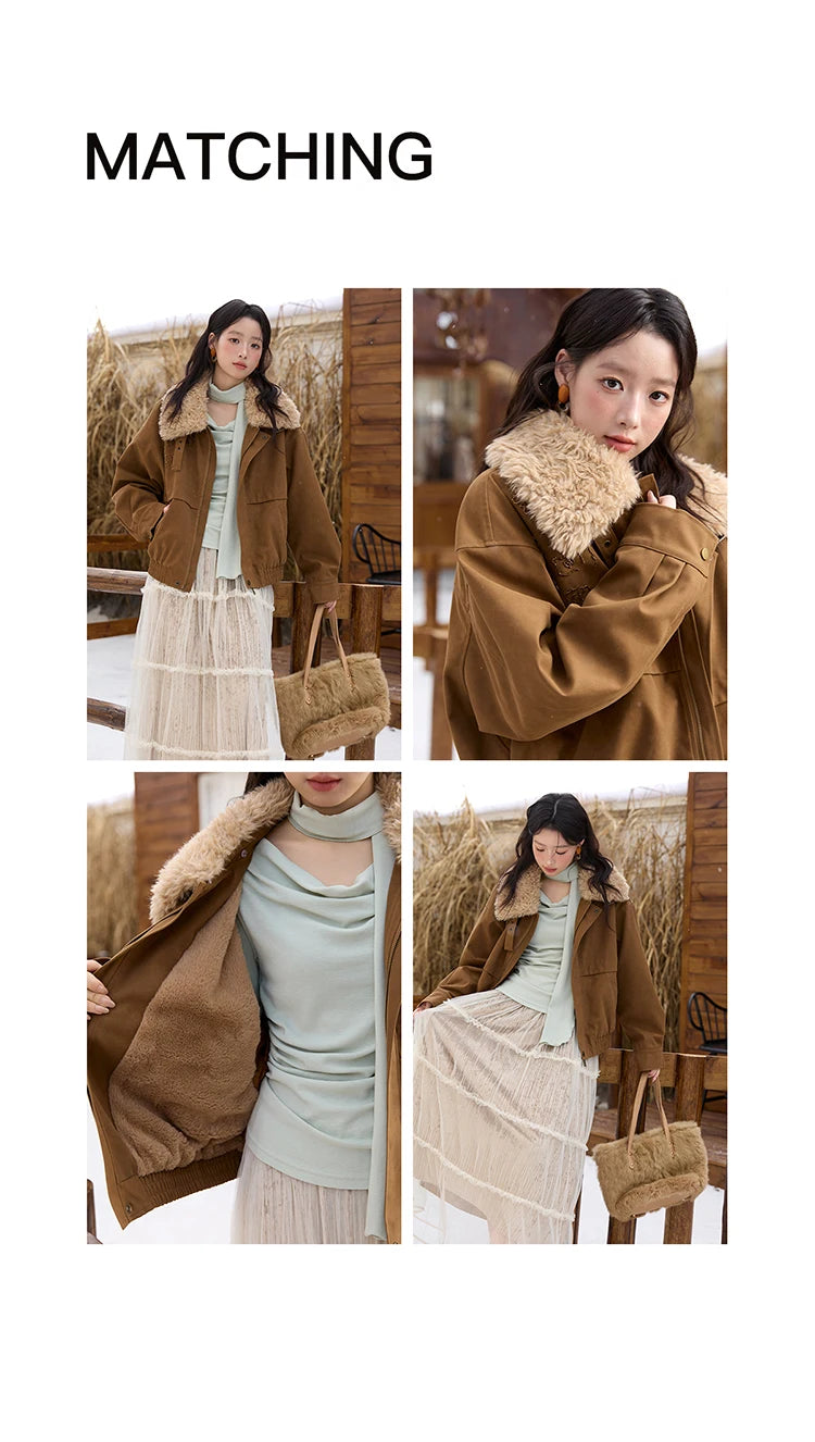 MISHOW Brown Suede Jacket for Women 2025 Winter New Detachable Fur Collar Coat commute Long Sleeve Zipper Jacket MXE51W0876