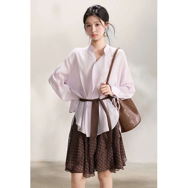 MISHOW Women's Asymmetric V Neck Shirts 2026 Spring Lapel Casual Loose Tie Cuffs Solid Shirt with Polka Dot Ribbon MXF108X1002