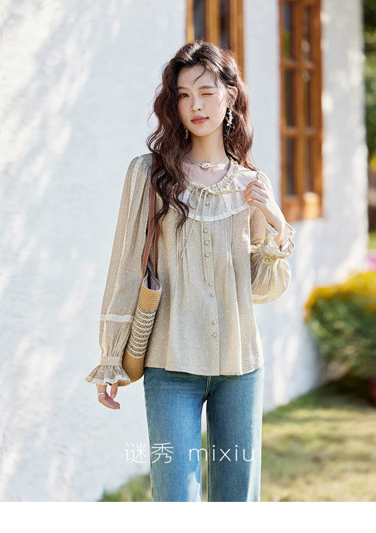 MISHOW Women's Floral Round Neck Shirts 2025 Spring Ruffled Collar Commuting Top Sweet Petal Sleeve Lace-up Shirts MXE14X1729