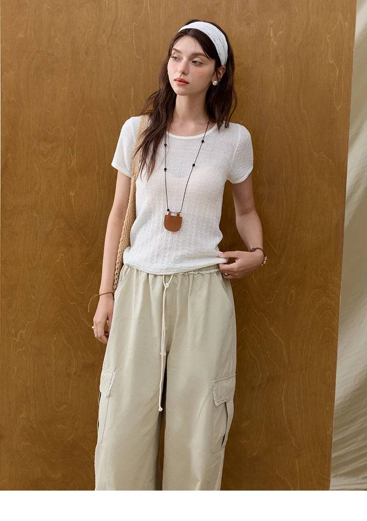 MISHOW Apricot Cargo Pants for Women in Summer 2025 Lace Patchwork Casual Pants Drawstring Elastic Waisted Trousers MXE33K0935