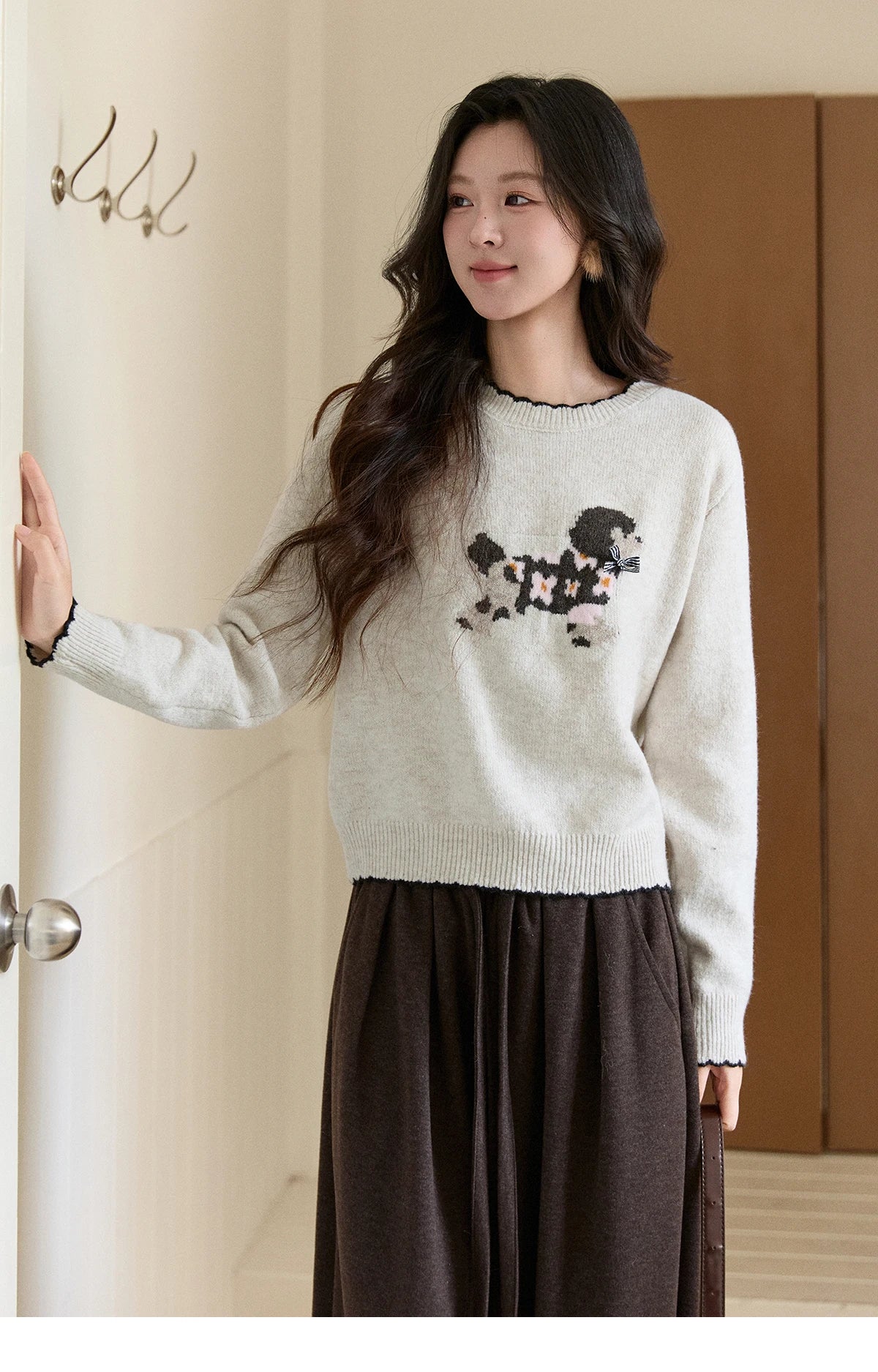 MISHOW Women's Burgundy Knitted Sweater 2025 Winter Poodle Pattern Ruffled Trim Crew Neck Sweater Warm Pullover Tops MXE93Z2949