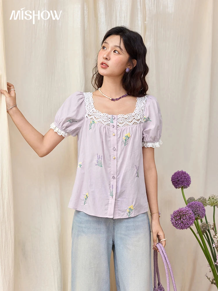 MISHOW Women's Lace Patchwork Embroidered Blouses 2025 Summer Korean Elegant Square Collar Blouse Short Sleeved Tops MXE36X1830