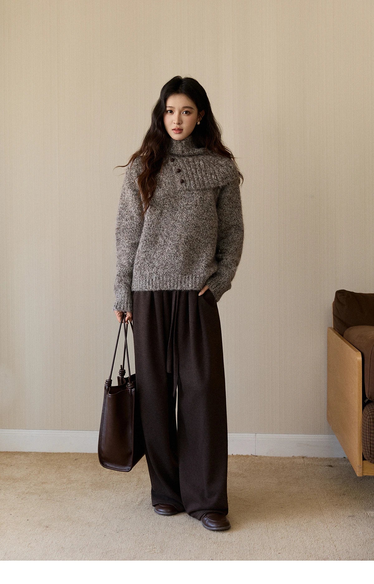 MISHOW Women's Gray Knit Sweater with Neckwear Scarf 2025 Winter Textured Button Decor Loose Warm Pullover Sweater MXE94Z2978