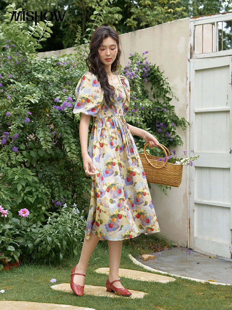 MISHOW Floral Smocked Midi Dresses for Women 2025 Summer Puff Short Sleeve Beach Vacation Beach French Retro Dress MXD24L1905