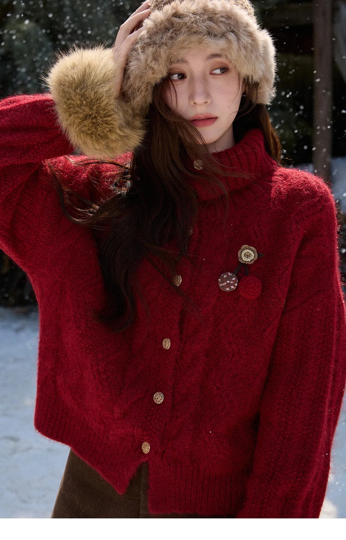 MISHOW Women's Red Knitted Cardigan Autumn Winter Cable Knitted Stand Collar Single-breasted Warm Loose Outerwear MXE92Z2827