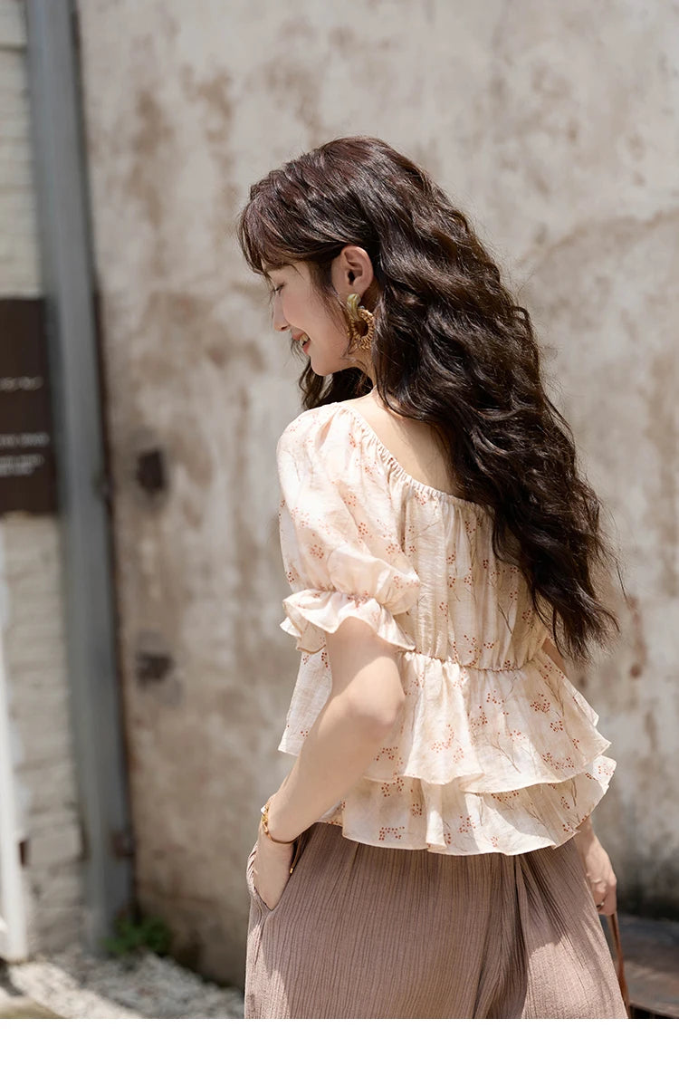 MISHOW French Floral Print Square Neck Shirt for Women 2025 Summer Bubble Sleeve Patchwork Double-layer Ruffle Tops MXD30X1565